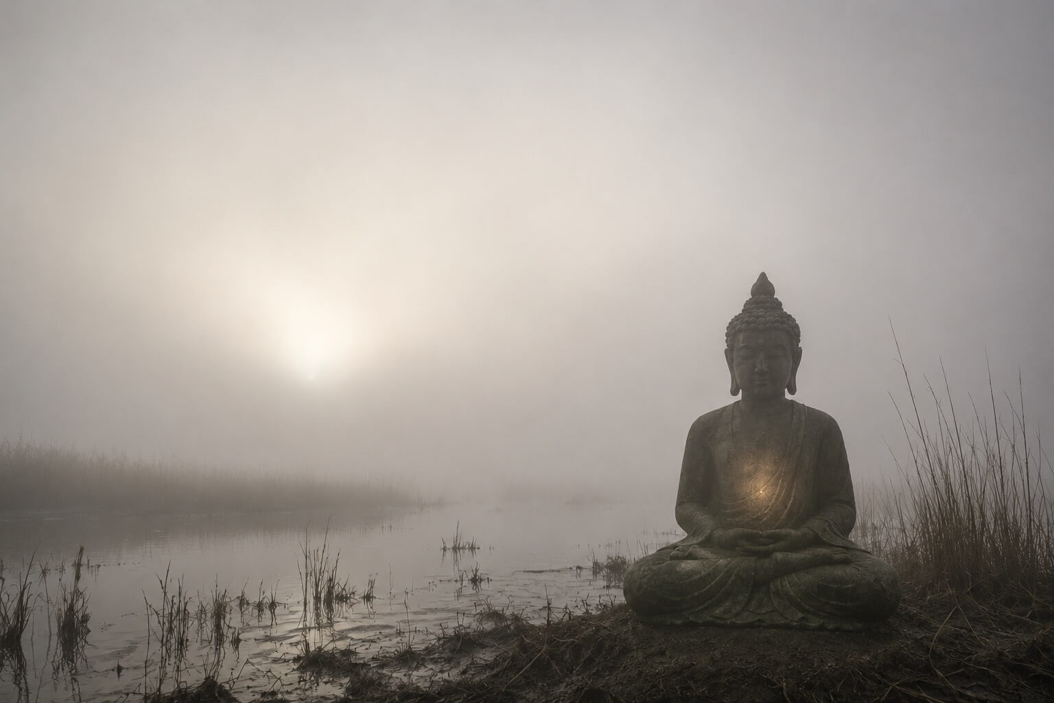 Dichter Nebel über dem Wasser, die Sonne nur als blasser Fleck